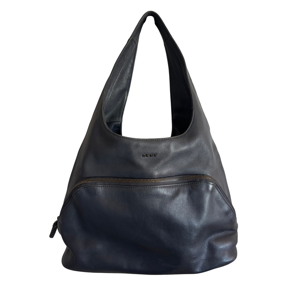 DKNY Navy Blue Cow Leather Hobo Shoulder Bag Front Zip Pocket Designer Purse